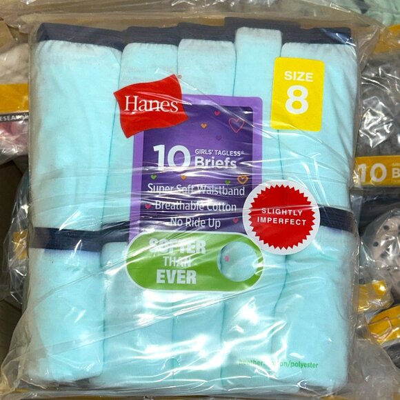 Hanes Girls’ Tagless Briefs – LOT 33 - 240 pcs – 24 packs (10 ea) – Sz 8 - NEW - Picture 1 of 3
